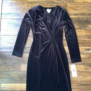 Robbie Bee cinched v-neck brown long sleeved velvet velour evening gown